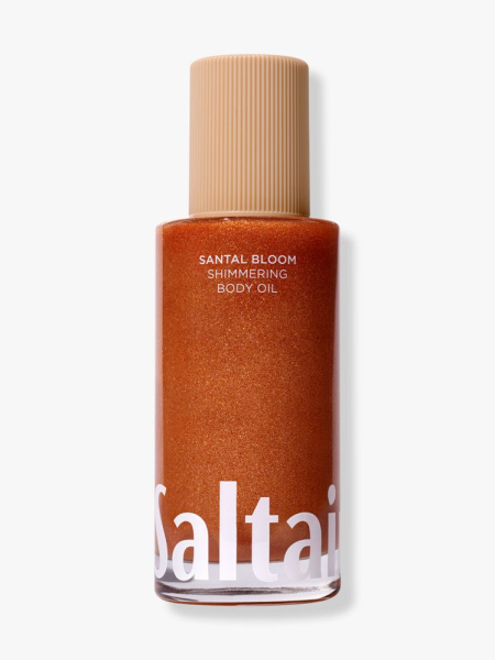 Saltair Shimmer Body Oil bottle of bronze shimmery body oil on light gray background