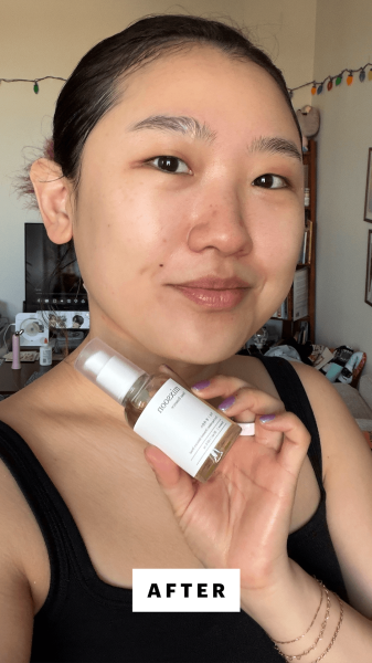 Allure commerce editor Sarah Han after applying the Mixsoon Bean Essence Brightening Hydrator